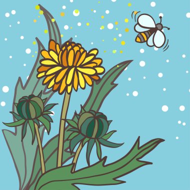 Üç dandelions ve arı çizimi