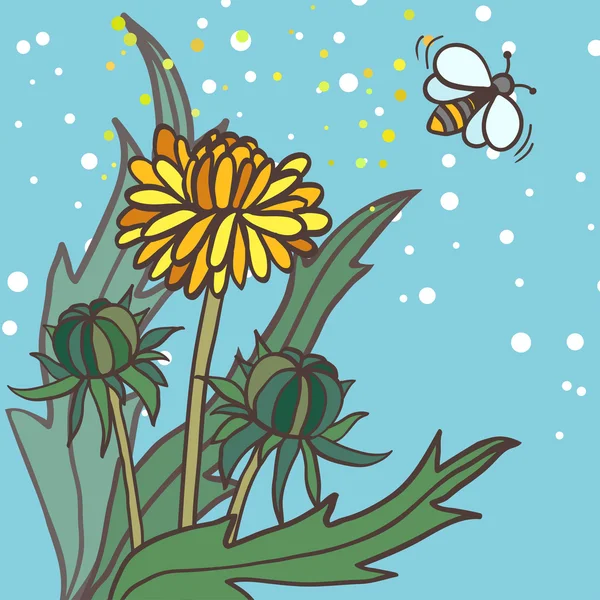 Illustratie van drie paardebloemen en bee — Stockvector