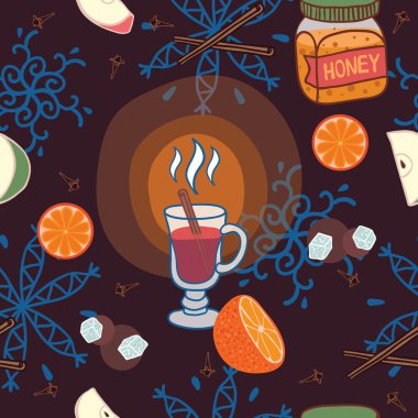 Seamless pattern with a glass of mulled wine, cinnamon sticks, snowflakes, honey and fruit clipart