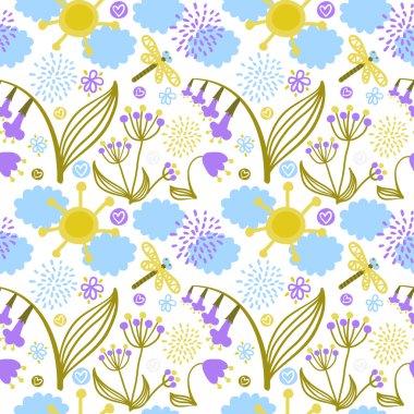 vektör seamless modeli fantezi bitkiler, çiçek, bulutlar, güneş ve yusufçuk