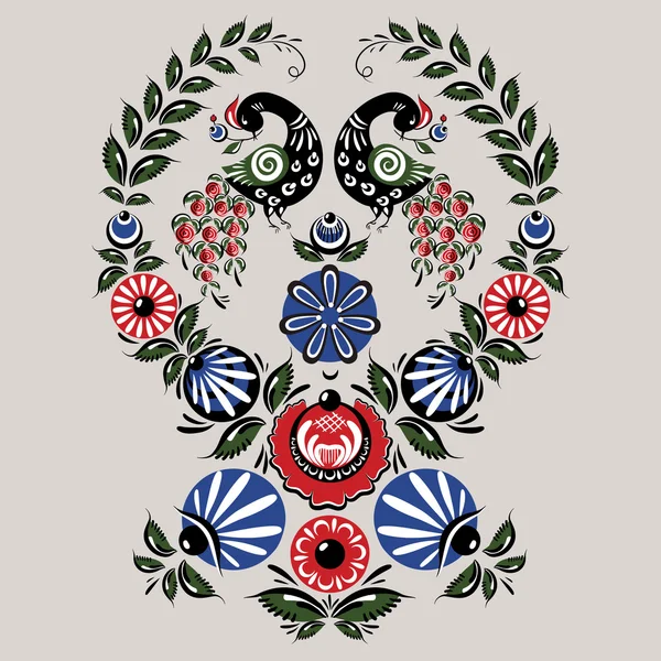 Illustratie met bloemen en vogels in de Russische traditionele stijl (gorodets). — Stockvector