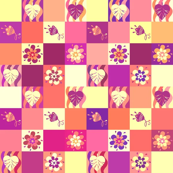 Patrón de patchwork sin costuras con hojas y flores — Vector de stock