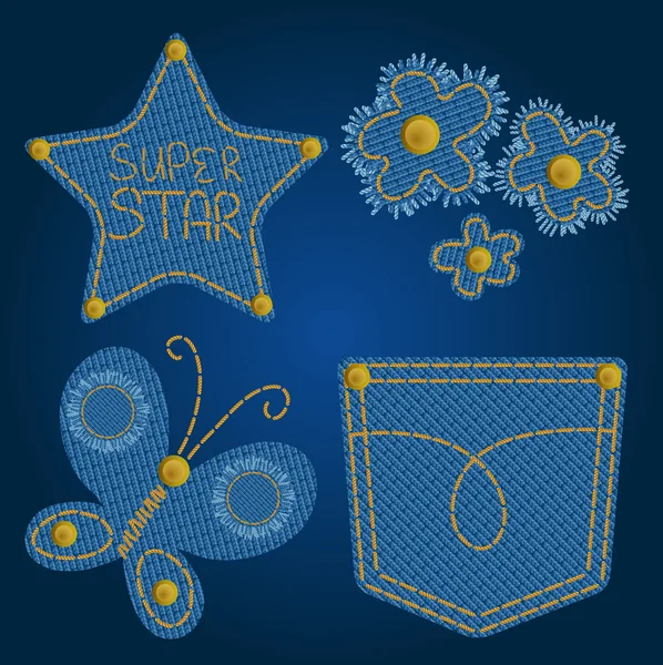 Conjunto de elementos lindos jeans (estrella, flores, mariposa, bolsillo ) — Vector de stock