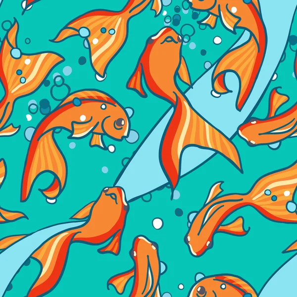 Naadloze patroon van gouden vissen in het water. maritieme achtergrond — Stockvector