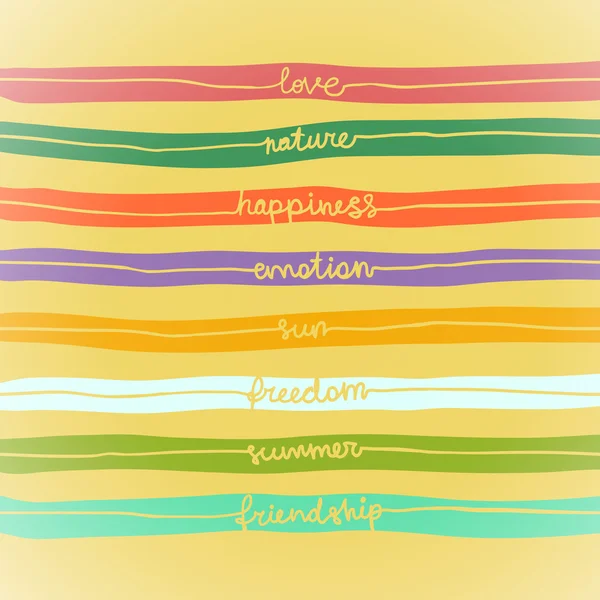 Seamless hand write stripe pattern with words: love, nature, emotion, happiness, sun, freedom, summer, friendship, good day, sea, travel — Stock Vector