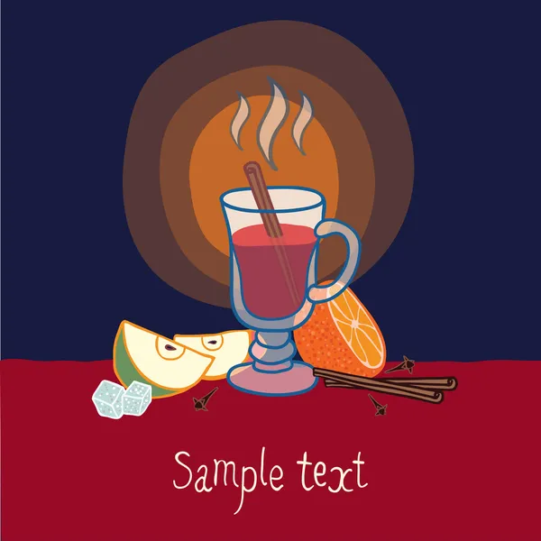 Illustration with a glass of mulled wine, cinnamon sticks, snowflakes, honey and fruit — Stock Vector