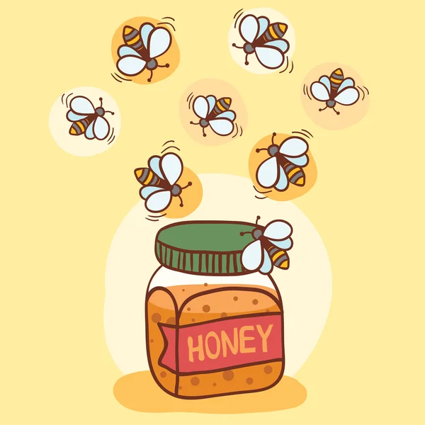 Illustration of bees and honey pot — Stock Vector