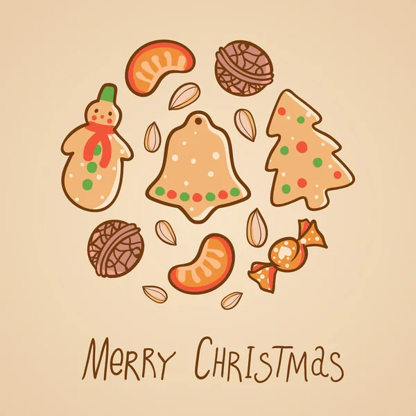 Illustratie met Kerstmis voedsel: cookies, noten, fruit — Stockvector