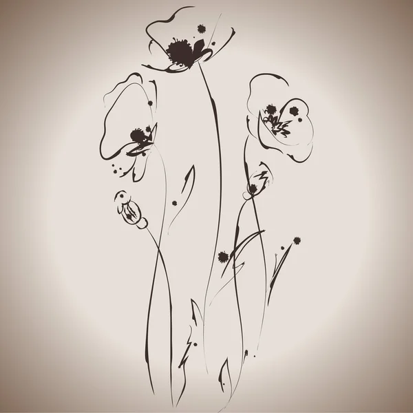 Grunge elegance ink splash illustration of five poppies — Stock Vector