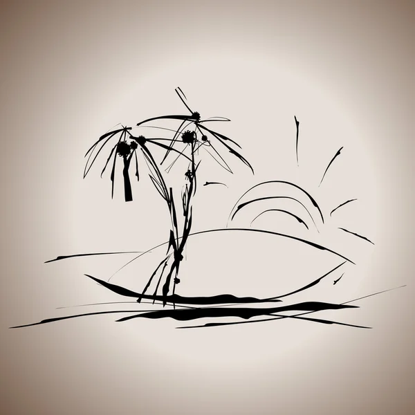 Grunge 的优雅墨水溅岛屿与棕榈树的符号的插图 — 图库矢量图片