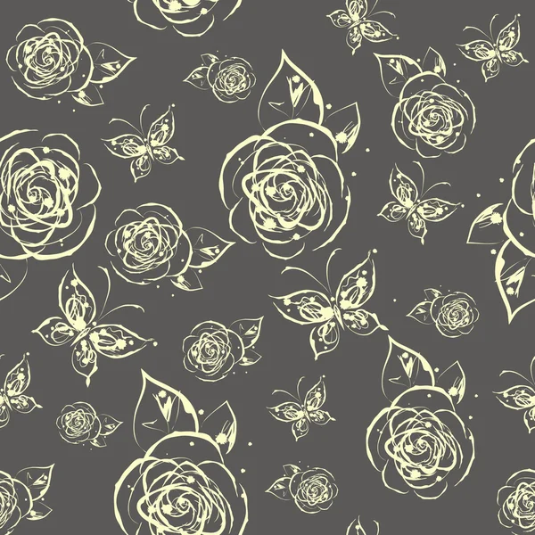 Grunge tinta salpicadura patrón sin costura con rosas y mariposas — Archivo Imágenes Vectoriales