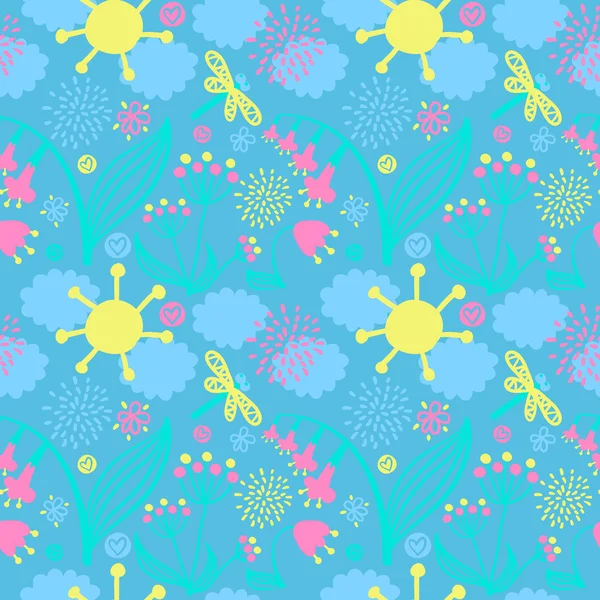 Motif vectoriel sans couture avec plantes fantastiques, fleurs, nuages, soleil et libellule — Image vectorielle