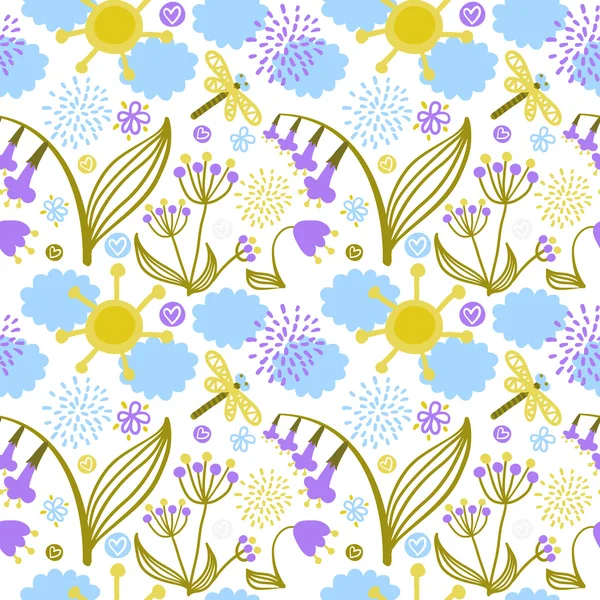 Motif vectoriel sans couture avec plantes fantastiques, fleurs, nuages, soleil et libellule — Image vectorielle