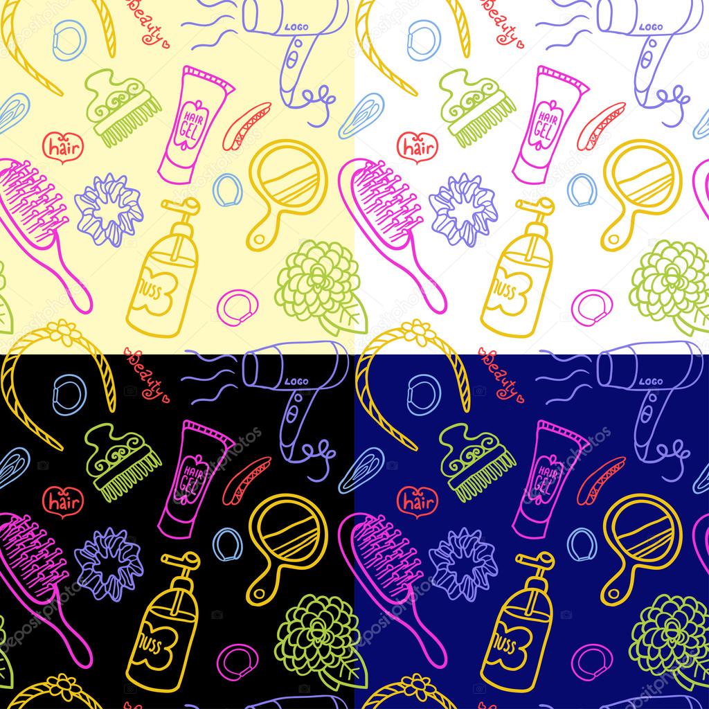 Set of four seamless hand-drawn pattern with tools of the hairdresser