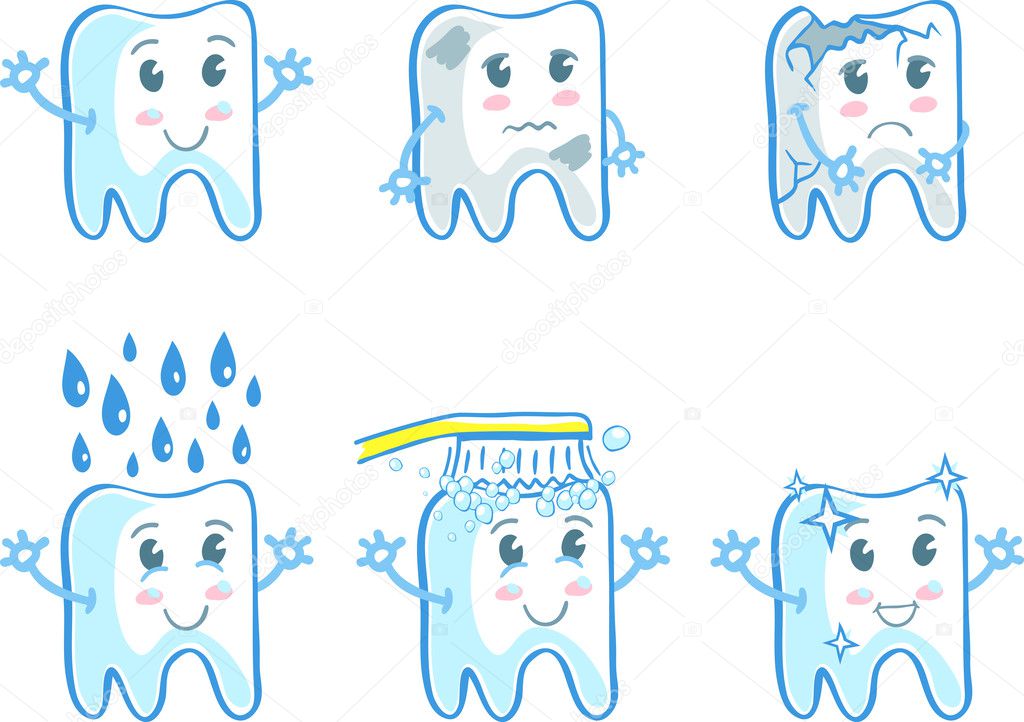 Set of six illustrations with teeth in funny cartoon style