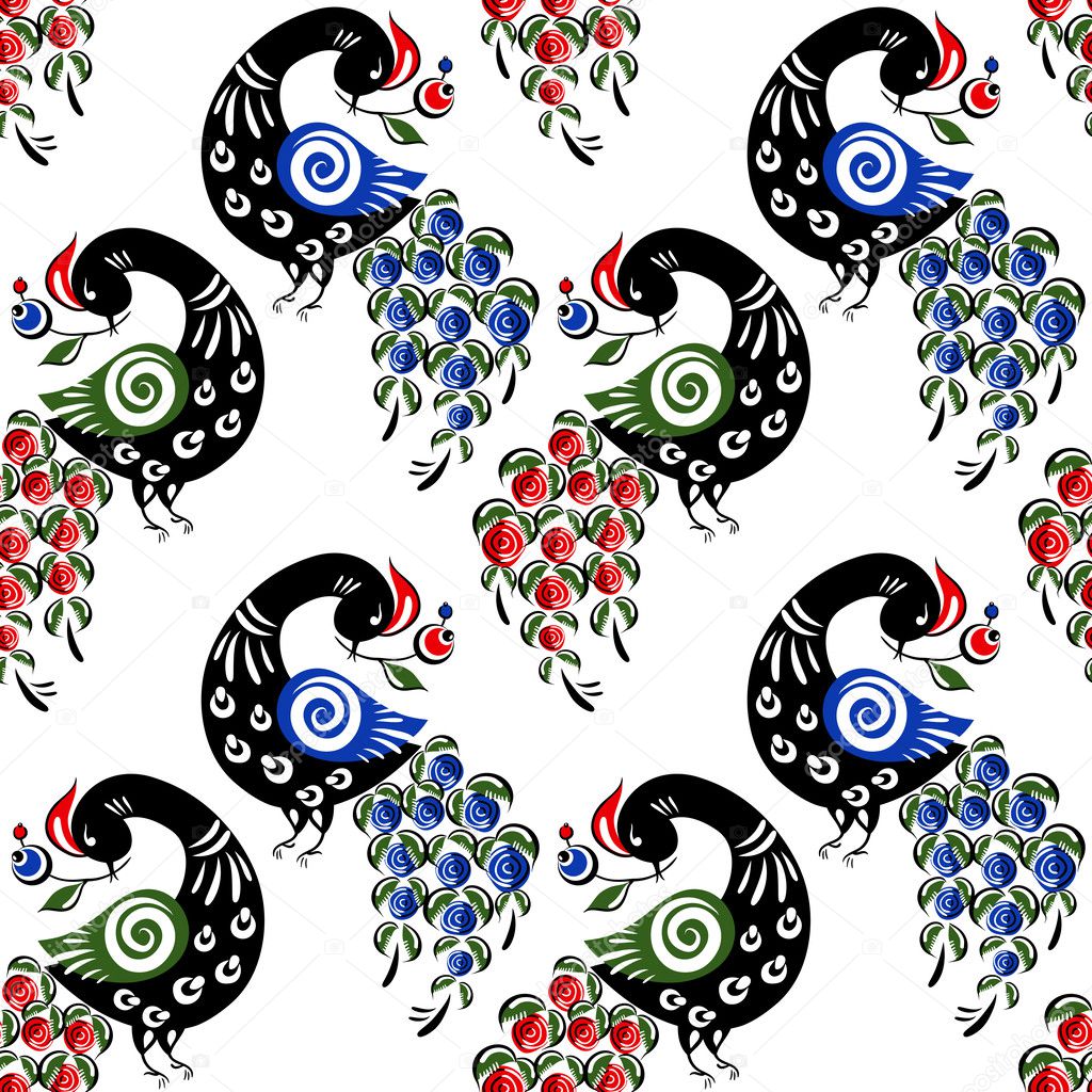 Seamless pattern with birds in the Russian traditional style (Gorodets).