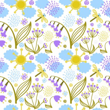 desen fantezisi bitkiler, çiçek, bulutlar, güneş ve yusufçuk