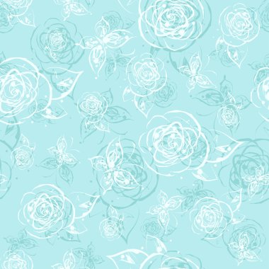 mavi mürekkep sıçrama Dikişsiz desen gül ve kelebekler