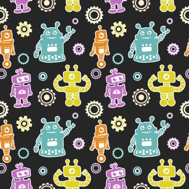 Funny pattern with robots and cogwheel clipart