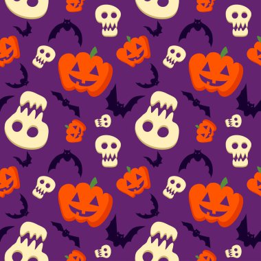 kafatasları, yarasalar ve kabaklar Funny halloween desen vektör