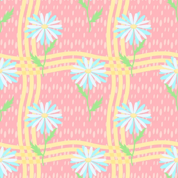 Sömlös rosa mönster med chamomiles och gula ränder — Stock vektor
