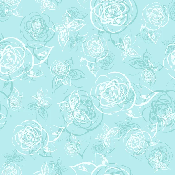 Blått bläck splash seamless mönster med rosor och fjärilar — Stock vektor