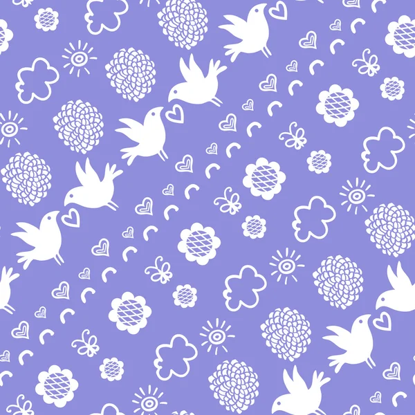 Seamless pattern with birds, flowers and clouds — Stock Vector