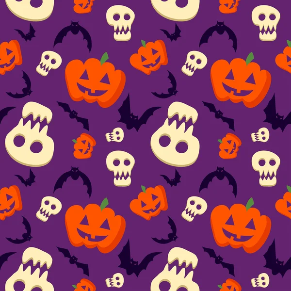 Vector divertido patrón de halloween con calaveras, murciélagos y calabazas — Archivo Imágenes Vectoriales