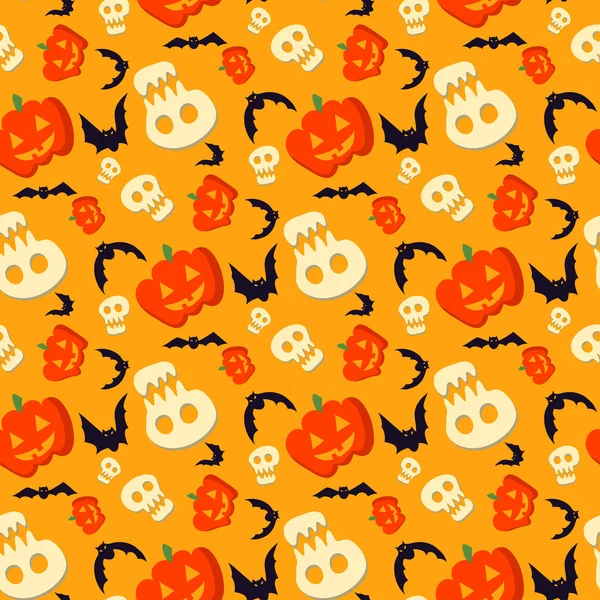 Vector divertido patrón de halloween con calaveras, murciélagos y calabazas — Vector de stock