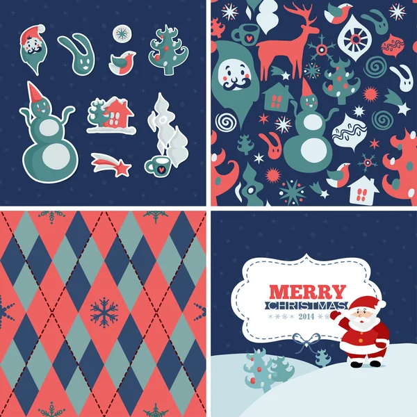 Set of Christmas retro card, pattern and elements — Stock Vector