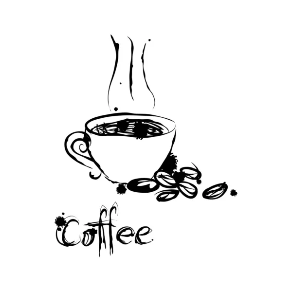 Illustrazione della tazza di caffè, dei chicchi di caffè e della calligrafia — Vettoriale Stock