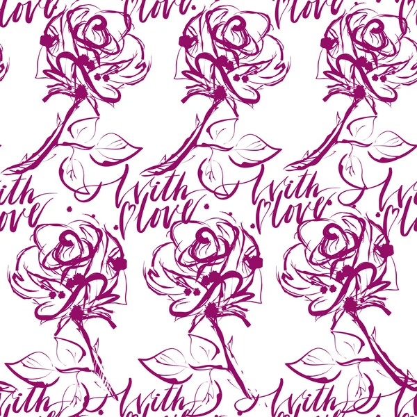 Patrón con rosas y caligrafía "con amor " — Vector de stock