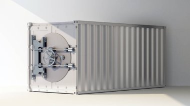 Güvenli kapılı nakliye konteynırı. 3d oluşturma