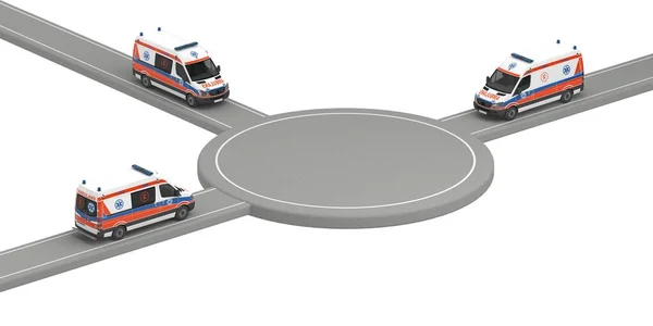 救急車が異なる方向から運転するテンプレートエリア 3Dレンダリング — ストック写真