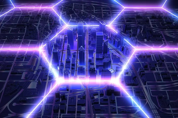 霓虹灯六角形金属丝的形状在黑暗的城市上方的视线 3D渲染 — 图库照片