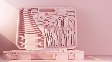 Pembe, açık bavul ve açık renkli aletler. 3d oluşturma