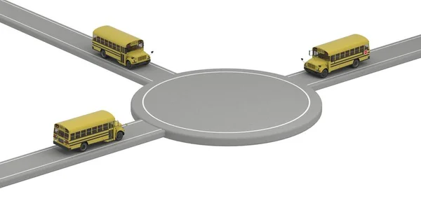 スクールバスが異なる方向から運転するテンプレートエリア 3Dレンダリング — ストック写真