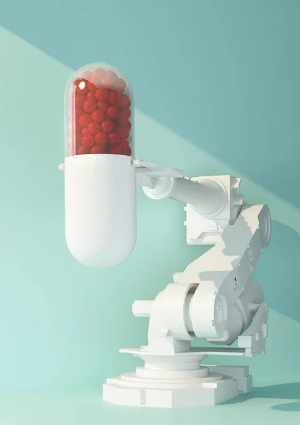 白いロボットアームがコピースペース付きの薬を持っています 3Dレンダリング — ストック写真