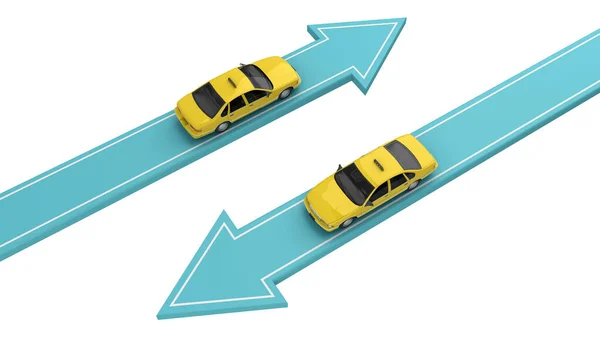 タクシーの車は ビューの上に白に隔離された別の矢印で行く 3Dレンダリング — ストック写真