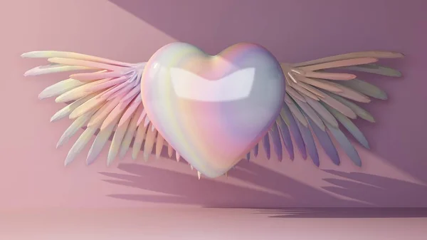 五彩缤纷的心带着翅膀 闪烁着光芒 3D渲染 — 图库照片