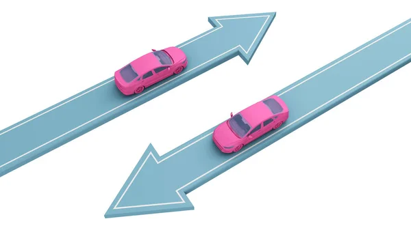 Carro Rosa Diferentes Direções Setas Isoladas Branco Renderização — Fotografia de Stock