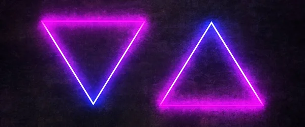 Két Neon Háromszög Fekete Falon Renderelés — Stock Fotó