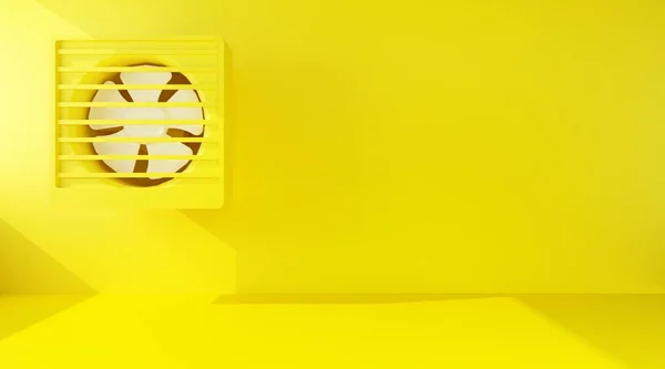 Żółty Wentylator Żółtej Ścianie Przestrzenią Kopiowania Renderowanie — Zdjęcie stockowe