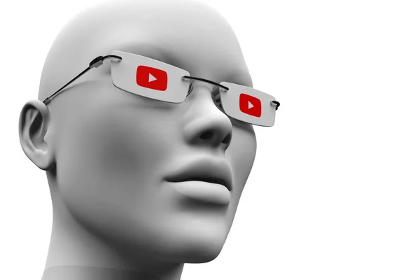 Безликая Голова Человека Очках Youtube Логотипе Рендеринг — стоковое фото