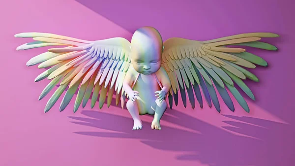 Human Newborn Wings Ray Light Front View Pastel Colors Rendering — Stock Photo, Image