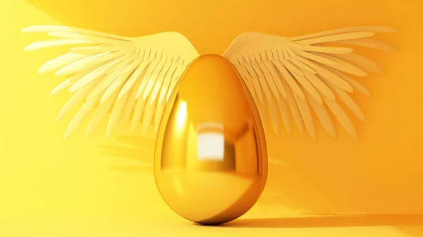 Złote Jajko Skrzydłami Promieniu Światła Renderowanie — Zdjęcie stockowe