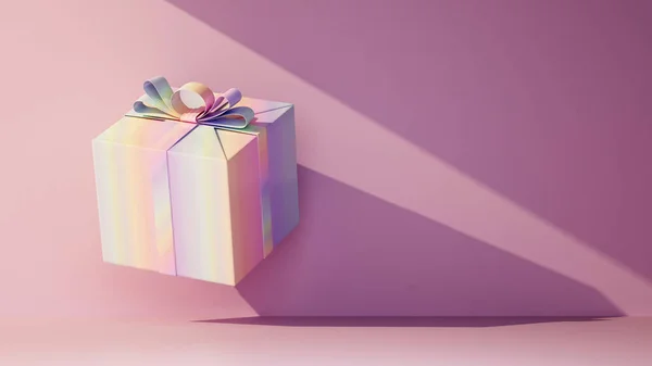 Bir ışık demeti altında havada çok renkli bir hediye kutusu. 3d rendreing