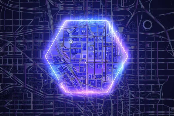 霓虹灯六边形在黑暗的城市顶部视图 3D渲染 — 图库照片