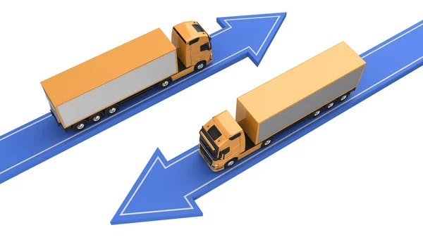 Trucks Different Directions Isolated White View Rendering — Stockfoto