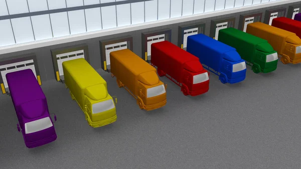 Group Colors Trucks Warehouse View Rendering — 스톡 사진